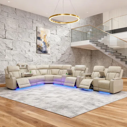 Vista 22 de Juego de sofá modular reclinable eléctrico para sala de estar, juego de sofá reclinable de cuero con luces LED / almacenamiento oculto, sofá