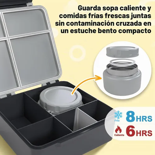 Vista 8 de Lonchera para niños con lonchera Bento con tarro de comida de 8 onzas, color negro