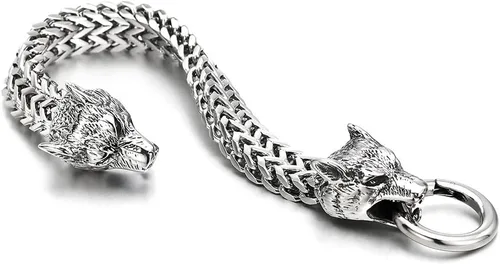 Vista 4 de COOLSTEELANDBEYOND Biker - Pulsera de acero inoxidable para hombre con cabeza de lobo con cierre de anillo de resorte