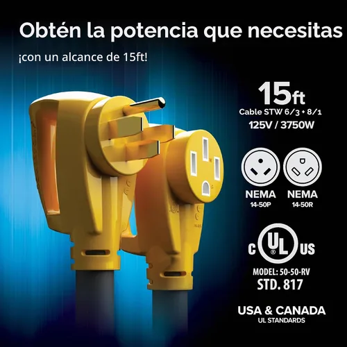 Vista 2 de Cable de alimentación eléctrica, de Camco, 55191, 25 pulgadas, de PowerGrip, con mango, 50 amperios