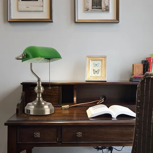 Vista 8 de Lámpara de escritorio de banquero de cristal verde, lámparas de escritorio antiguas con puerto de carga USB, lámpara tradicional de biblioteca