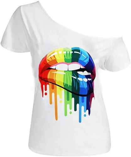 Vista 43 de MAGICMK - Camiseta casual para mujer, con estampado de labios y hombro descubierto, talla extragrande