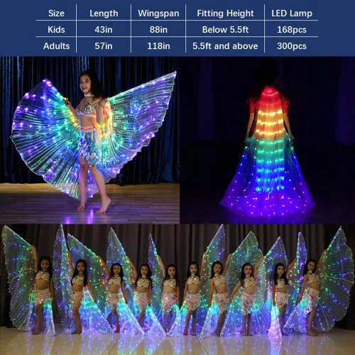 Vista 2 de Alas LED Isis para danza del vientre, alas iluminadas para adultos, 300 cuentas de lámpara brillantes con palos telescópicos para mujeres, niños