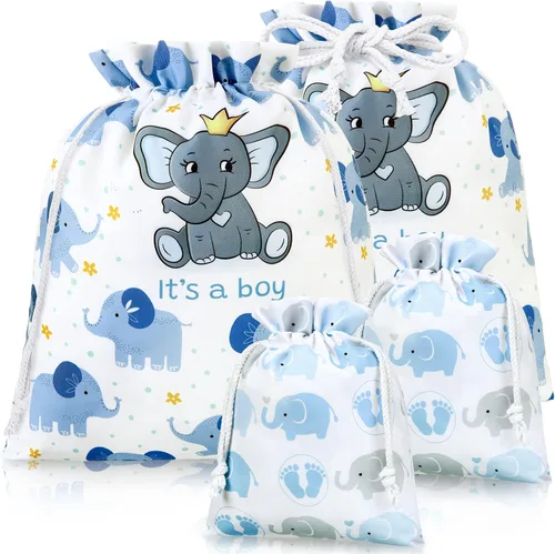 Vista 8 de Sadnyy 4 bolsas de regalo para baby shower, grandes elefantes rosas con cordón de tela, para baby shower, cumpleaños infantil, fiesta de revelación