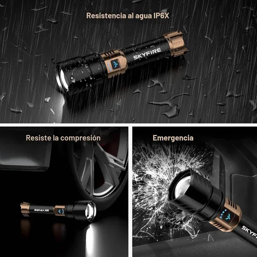 Vista 6 de SKYFIRE Linternas recargables de alto lúmenes, linterna súper brillante de 3000 lúmenes, zoom, 4 modos, luz LED impermeable para camping