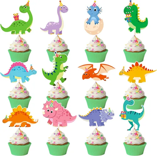 Vista 32 de 48 piezas de decoración de cupcakes de dinosaurio rugido dinosaurio decoración de pastel de cumpleaños para temática de dinosaurio, suministros