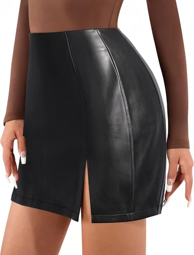 Vista 2 de MANGOPOP Womens High Waist Bodycon Mini Short Faux Leather Skirt with Slit