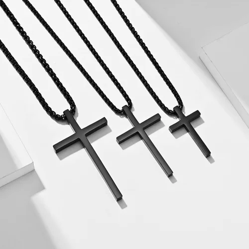 Vista 5 de Collar de cruz para hombre, pequeño mediogrande de acero inoxidable con colgante de cruz lisa para niño, cadena Rolo de 16-24 pulgadas