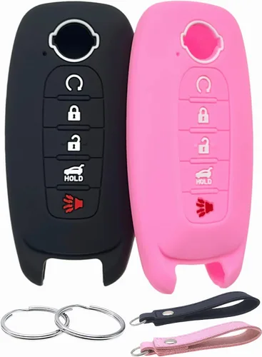 Vista 9 de REPROTECTING Funda de goma de silicona para llavero compatible con Nissan Pathfinder Rogue Kicks (5 botones, negro/rosa)