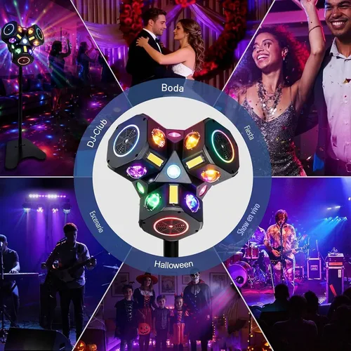 Vista 5 de Luz de escenario de cabeza móvil de 3 cabezales con soporte, luces LED de DJ con soporte de montaje, efecto estroboscópico RGBW DMX512 luces