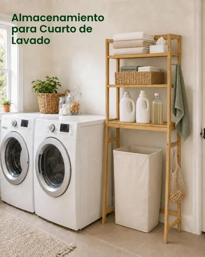 Vista 5 de Almacenamiento sobre el inodoro, estante de almacenamiento de baño de bambú Ntural