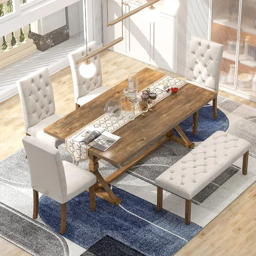 Vista 12 de Harper & Bright Designs 6-Piece Solid Wood Kitchen Dining Table Set, 60" Rectangular Table with 4 High-Back Tufted Upholstered Chairs & 1 Bench for
