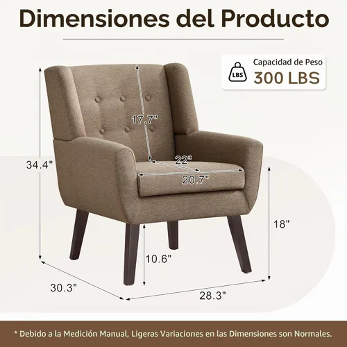 Vista 2 de HUIMO - Sillas Accent para sala de estar, sillón tapizado de lino con botones y nudos con patas de madera, cómodo sillón moderno de mediados