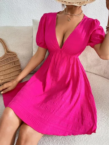 Vista 3 de WDIRARA Vestido corto acampanado con mangas abombadas y cuello en V profundo para mujer