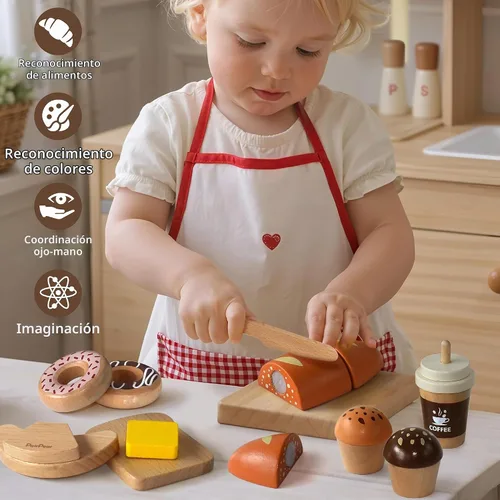 Vista 6 de PairPear - Juego de juguetes de panadería de madera, accesorios de cocina de alimentos de simulación para niños con bolsa de compras, juguetes