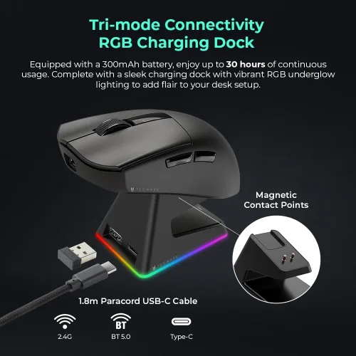 Vista 4 de TECWARE EX1 - Mouse ligero para juegos Mouse inalámbrico de 26 K DPI con pantalla OLED Diseño ultraligero de 2.08 oz Base de carga RGB Negro