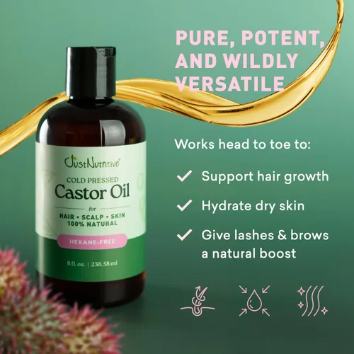Vista 3 de Aceite de ricino prensado en frío, 100% puro y sin hexano, suero para crecimiento del cabello, pestañas y cejas Hidratante profundo para piel