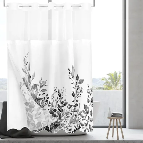 Vista 80 de Tititex - Juego de cortinas de ducha de eucalipto negro, hojas de acuarela gris en la parte superior, con decoración floral de baño, 60 x 72