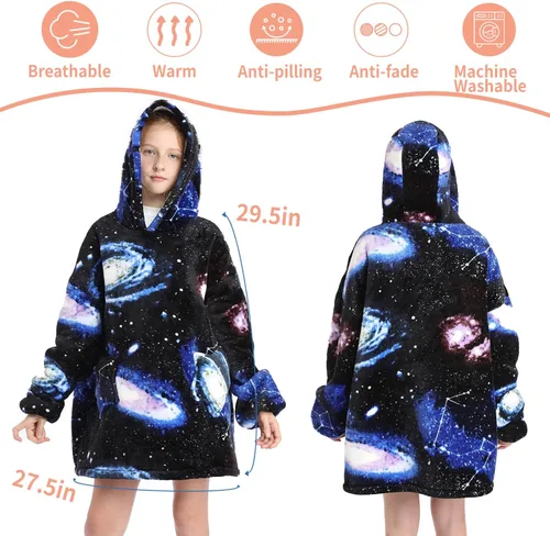 Vista 3 de JAMBHALA Manta de gran tamaño con capucha para niños, sudadera con capucha de franela cálida y esponjosa con bolsillos para niños y adolescentes