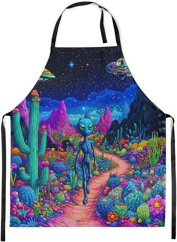 Vista 18 de Castle Fairy Delantal de cocina Alien UFO Retro Jungle Sketch Delantal Blue Black