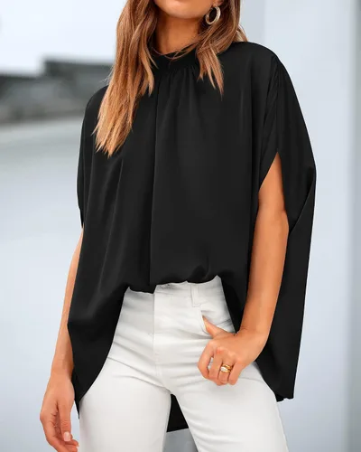 Vista 139 de BTFBM Blusas de verano para mujer, cuello alto falso, manga murciélago, holgadas, dobladillo alto y bajo, blusas informales de gran