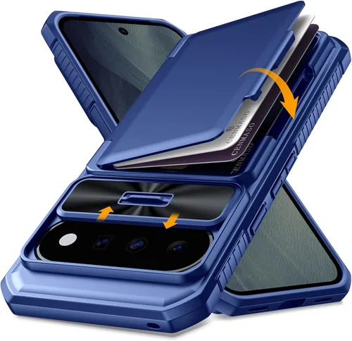 Vista 26 de CENMASO - Funda para Google Pixel 9 Pro XL con tarjetero (4 tarjetas), funda deslizante para cámara y función atril, bloqueo RFID, protección