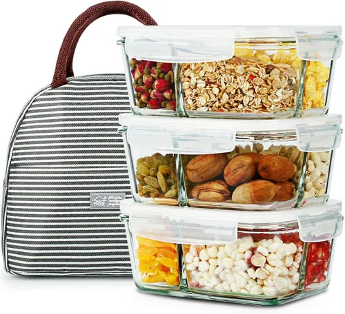Vista 10 de DAS TRUST Paquete de 3 recipientes de vidrio para almacenamiento de alimentos, 2 compartimentos, recipientes de vidrio para preparación de comidas