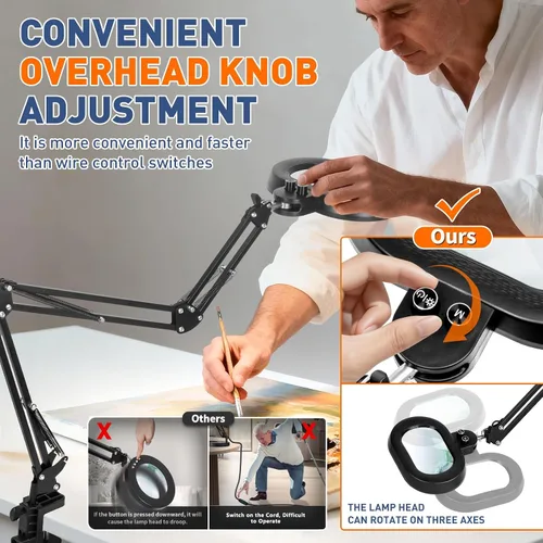 Vista 3 de KIRKAS Lupa de 12X con luz, rotación de tres ejes, lupa de brazo extra largo para banco de trabajo, reparación de manualidades, costura, lupa