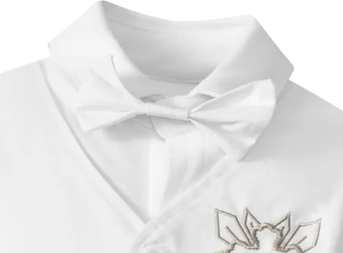 Vista 2 de MOMMY'S NEW MAN Traje de bautismo para recién nacido, mono de caballero con pajarita, mameluco blanco, traje de boda, traje de bautizo