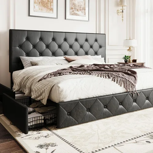 Vista 19 de SHA CERLIN Base de cama de plataforma tamaño matrimonial tapizada con 4 cajones de almacenamiento, cabecero ajustable con diseño cosido en cuadrados
