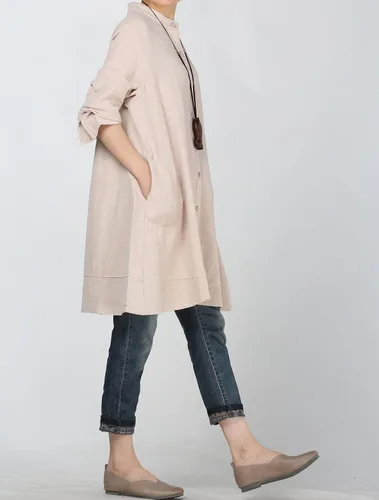 Vista 3 de Mordenmiss campera abotonada de algodón y lino con bolsillos para mujer