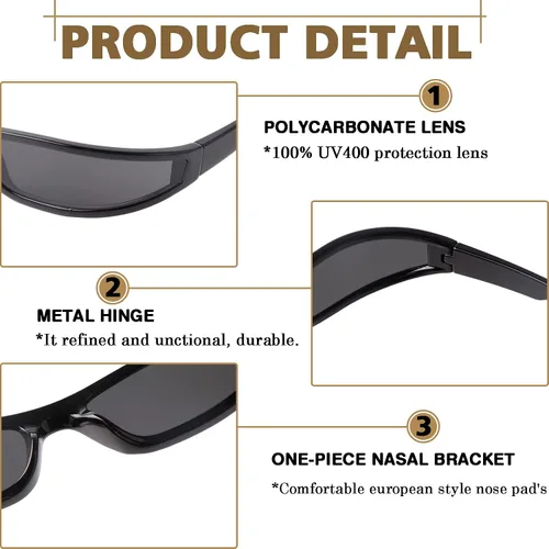 Vista 5 de Y2K - Lentes de sol envolventes para mujeres y hombres, lentes de sol rectangulares de marco estrecho pequeño de los años 90 para deportes futuristas