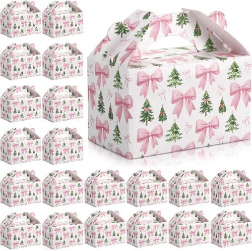 Vista 11 de Cholemy 50 piezas de cajas de regalo de Navidad con asa, cajas de diseño rojo y blanco, cajas de galletas y dulces de Navidad, cajas de papel