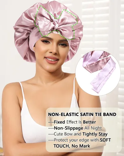 Vista 5 de Gorras de satén de seda para mujeres, envoltura de cabello rizado para dormir, gorra reversible con banda de corbata, gorra de dormir de doble capa