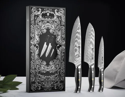 Vista 7 de Juego de 3 cuchillos de damasco con acero de damasco VG10 de alta calidad, juego de cuchillos de cocina japoneses profesionales ultra afilados