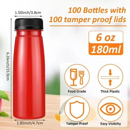 Vista 2 de Tanlade 100 botellas de plástico para jugos con tapas, contenedor de bebidas para refrigerador, con tapa, botellas transparentes reutilizables