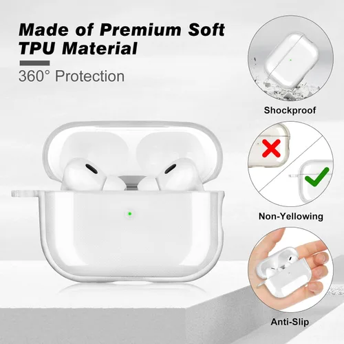 Vista 3 de AIRSPO Funda para AirPods Pro de 2ª generación, transparente y suave TPU transparente a prueba de golpes con bolígrafo de limpieza, soporta carga