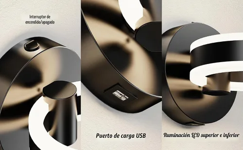 Vista 3 de Apliques de pared LED con interruptor de encendido/apagado, luminarias de pared giratorias cableadas de color negro mate, puerto de carga USB