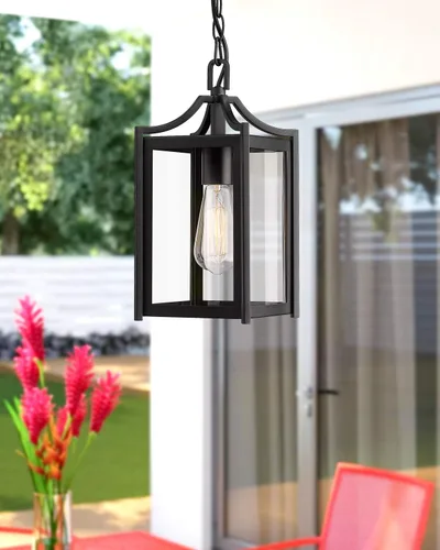 Vista 7 de Lámpara Colgante para Exteriores, 14" Luz Colgante Moderna Grande para Porche con Cadena Ajustable, Linterna Colgante Exterior Negra con Vidrio