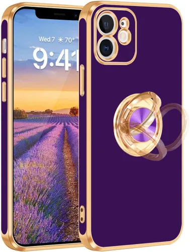 Vista 9 de Fingic Funda para iPhone 12 con Soporte de Anillo, [Soporte de Anillo Giratorio de 360° Magnético con Base] [Borde Dorado Brillante con Enchapado]