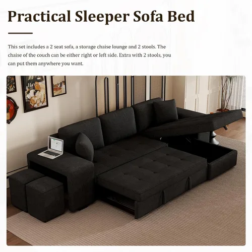 Vista 4 de Sofá modular en forma de L de 104 pulgadas con sofá cama extraíble, diván de almacenamiento y 2 almohadas, 2 taburetes, sofá reversible de felpilla