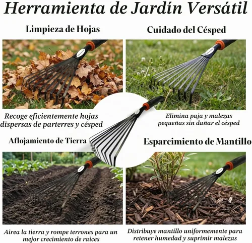 Vista 8 de Paquete de 2 rastrillos de mano pequeños para jardinería, mini rastrillo de hojas y arbustos con púas de acero duraderas, mango ergonómico