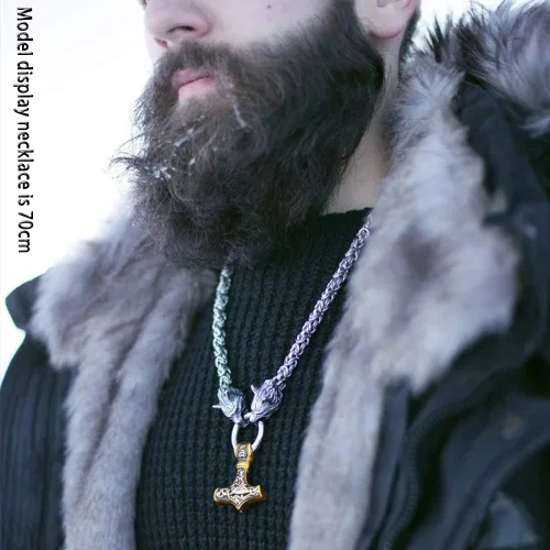Vista 2 de QZY Cadena de oro y plata con collar Mjolnir, colgante de amuleto vikingo nórdico para hombre, martillo de Thor, cadena bizantina grande, redonda