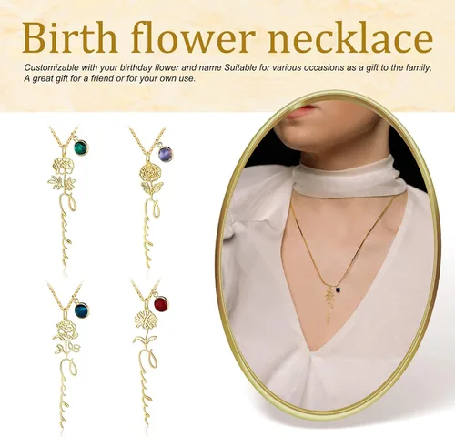 Vista 4 de Collar de nacimiento floral personalizado con nombre grabado y piedra natal, collar de promesa personalizado para mujeres, novia, mamá, esposa