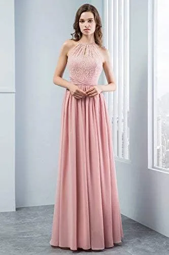 Vista 3 de Vestido de dama de honor de gasa con encaje halter para mujer