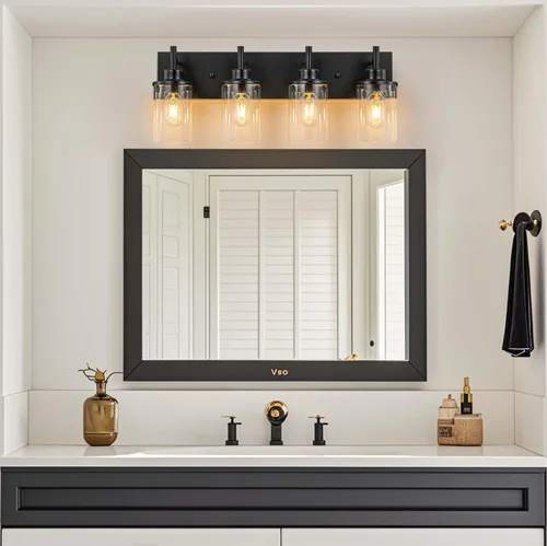 Vista 5 de GoYeel Lámparas de baño sobre espejo, luz negra mate, 4 luces, aplique de pared, lámpara de baño de casa de campo con pantalla de vidrio