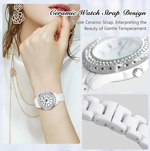 Vista 4 de RORIOS Relojes de diamantes para mujer, con correa de cerámica, analógico de cuarzo, impermeables, para mujeres y niñas