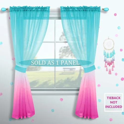 Vista 2 de Cortinas rosas y verdes para decoración de dormitorio de sirena, juego de 1 panel transparente, con bolsillo para barra, cortinas de sirena