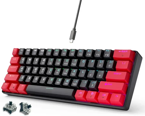 Vista 11 de abucow - Teclado mecánico 60% para juegos, interruptor azul, compacto con cable, anti-fantasma, sin conflictos, 61 teclas intercambiables, diseño
