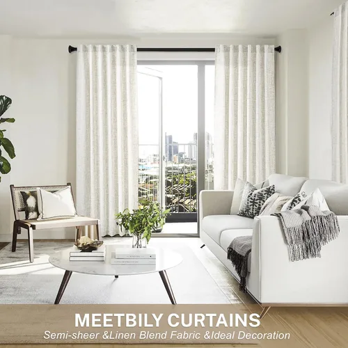 Vista 5 de Cortinas de Lino Natural Color Crema de 84 Pulgadas de Largo para Sala de Estar, Juego de 2 Paneles de Lino Texturizado con Trabillas Traseras